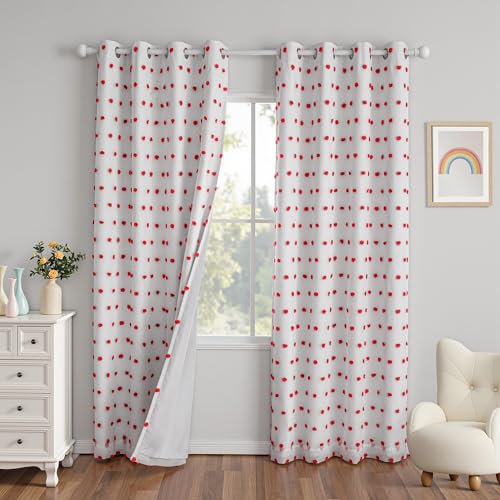 Red Christmas Blackout Curtains for Living Room 84 Inches Long Total Light Blocking Curtains for Bedroom 2 Panels Grommet 100% Thermal Insulated Window Drapes with Red Pom Sheer 50W x 84L (2 Count)