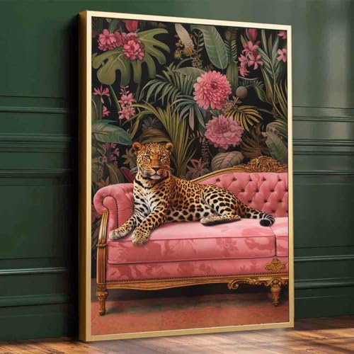 Trendy Cheetah Poster Wild Animal Pictures Dark Gothic Painting Panther on the Sofa Wall Art Fashion Cheetah Artwork 16x24inch no frame