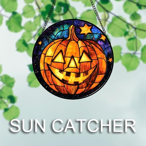 Stained Glass Window Hanging Halloween Horror Golden Pumpkin 6.3"