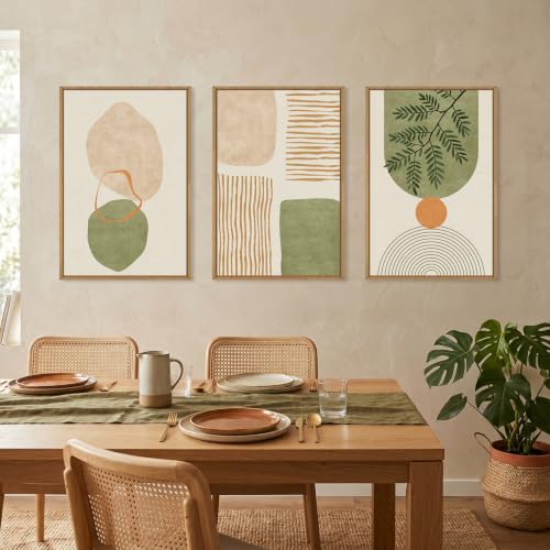 Boho Sage Green Geometric Framed Canvas Wall Art Set