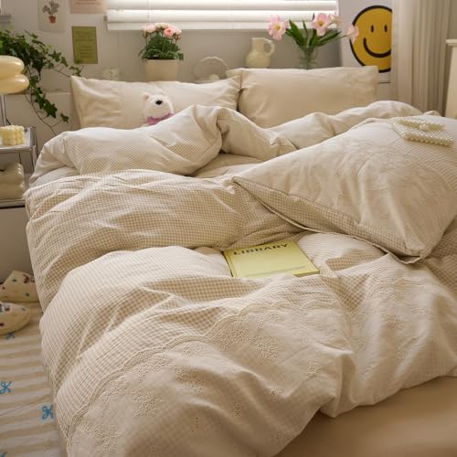 Tan Gingham Comforter Set King Romantic Lace Bedding Beige Plaid Comforter Set Vintage Grid Checkered Pattern Comforter with 2 Pillowcases Farmhouse Taupe Plaid Gingham Bedding Set