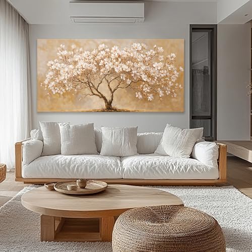 Oversized Canvas Wall Art Decor Beige Magnolia Tree of Life Canvas Art Wall Decor For Living Room Modern Tree Nature Canvas Prints White Flower Wall Art Decor For Bedroom Home Office Decor 29"×58"