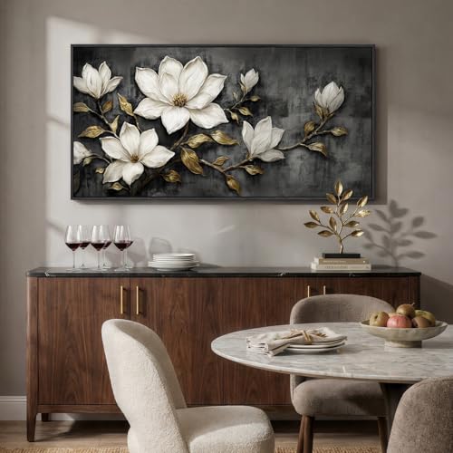 Large Framed Black and White Floral Wall Art for Living Room