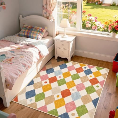 Checkered Square Rug 5x5 Washable Colorful Kids Room Play Mat (25 Sq Ft)