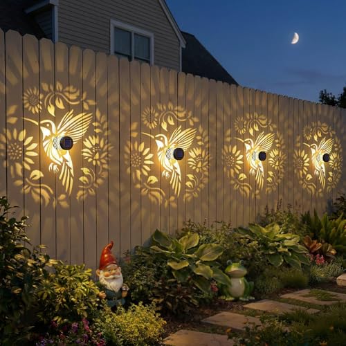 2 Pack Solar Fence Lights Metal Solar Powered Outdoor Wall Deck Step Lights Hummingbird Floral Theme Waterproof Fence Light for Garden Post Patio Backyard Yard Decor (2 Count)