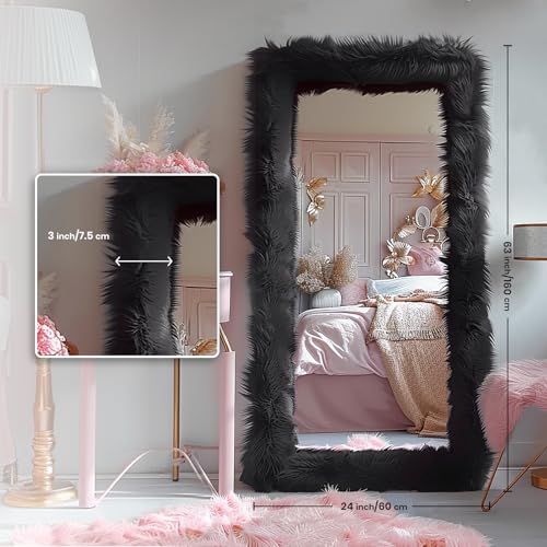 Full Length Mirror Free Standing Furry Faux Fur Framed Full Body Floor Mirror Wall Mounted Leaning Hanging Wall for Bedroom Hallway Entrance
