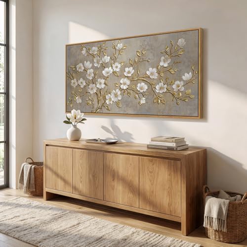 Large Framed Neutral Floral Wall Art for Living Room
