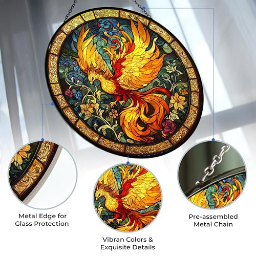 Sacred Phoenix Bird Suncatcher Stained Glass Window Hangings Sun Catchers Colorful Ornament Gifts for Women Mom Wife Halloween Christmas Housewarming 7.9"