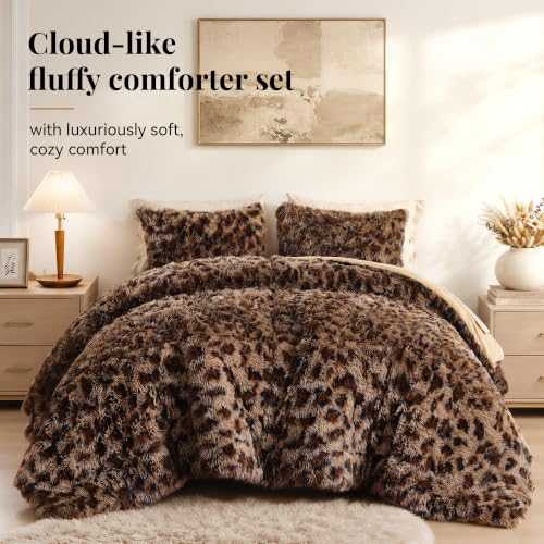 Fluffy Queen Comforter Set Leopard Print Faux Fur Comforter Set 3Pcs