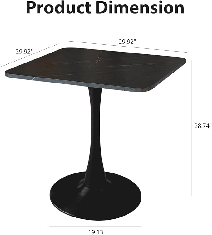 Square Modern Dinning Table 30 inches for 2-4 Bistro Tulip Table with Faux Marble top,Easy Assemble,Sturdy Metal Frame Diameter 30in*H28.74in (Black, 30in)