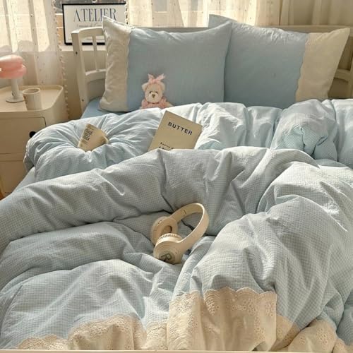 Blue Gingham Comforter Set Full Size Romantic Lace Style Checkered Plaid Comforter Set 3 Pieces Blue Grid Bed Comforter with 2 Pillowcases Soft Fluffy Farmhouse Plaid Gingham Bedding Set