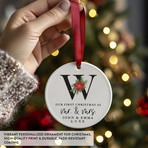 Personalized Our First Christmas As Mr. & Mrs. 2026 Christmas Ornaments Monogram Poinsettia 2.8" Round Porcelain Ceramic 1st Year Married Custom Ornament Keepsake for Newlyweds 1