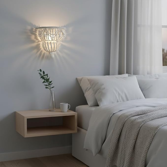 Boho Wood Bead Wall Sconce, Hand-Woven Double Layer White Wooden Beaded Wall