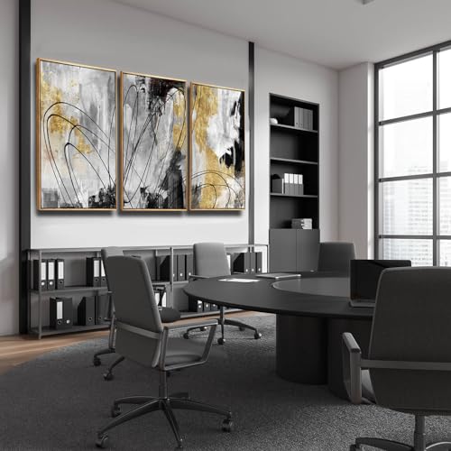 Gold Wall Art Abstract Wall Art Living Room Decor Black and White Canvas Picture Home Decor Wooden Frame Line Paintings Modern Artwork Office Decor 24"x 36"x 3 Pieces (3 Count)