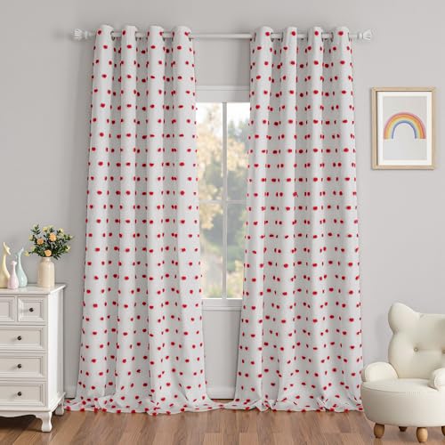 Blackout Curtains for Girls Bedroom with Red Pom Pom Sheer 90 Inch Long Total Light Blocking Curtains for Living Room 2 Panels 100% Room Darkening Grommet Double Layer Drapes 50" x 90"