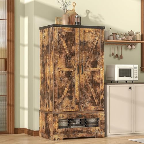 47" Farmhouse Pantry Cabinet with Barn Door & Large Drawer