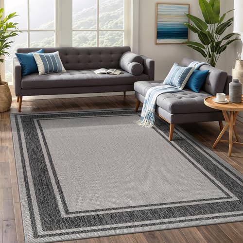 Large Outdoor Rug 10x14 Modern Bordered Area Rugs for Indoor and Outdoor Patio Deck Porch Garden Waterproof Weather Sun Resistant Washable Outside Carpet (140 Sq Ft)