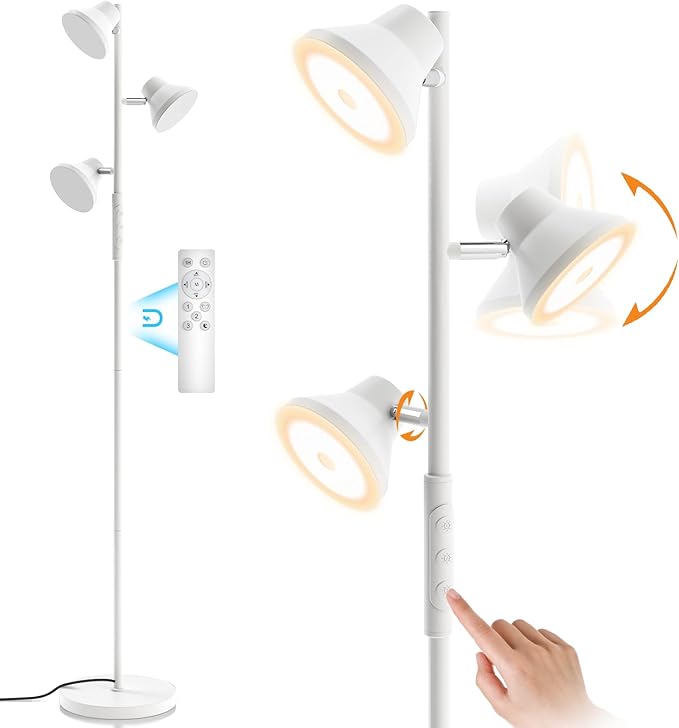 White Floor Lamp, 36W Modern Dimmable Standing Lamp 2700-6500K, 3 Rotatable LED