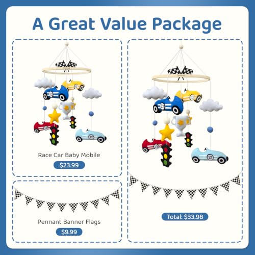 Race Car Baby Crib Mobile with 11 ft Pennant Banner Flags Handmade