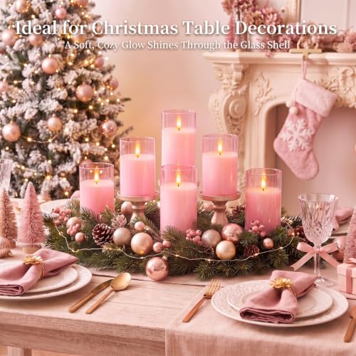 Pink Glass Flameless LED Candles Battery Operated with Remote Timer