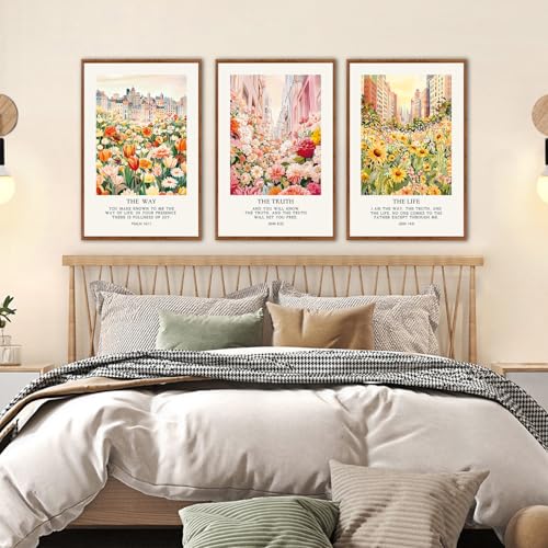 KAlRNE Christian Floral Framed Canvas Bible Verse Wall Art Set (3 Count)