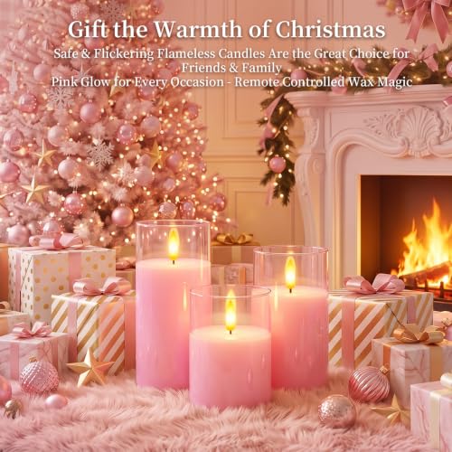 Pink Glass Flameless LED Candles Battery Operated with Remote Timer