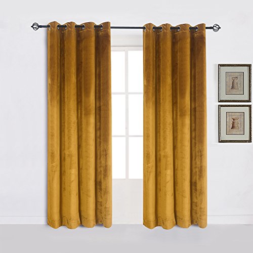 Super Soft Luxury Velvet Warm Yellow Blackout Velvet Energy Efficient Grommet Curtain Panel Drapes Ginger Mustard Curtain Panels 52Wx96L