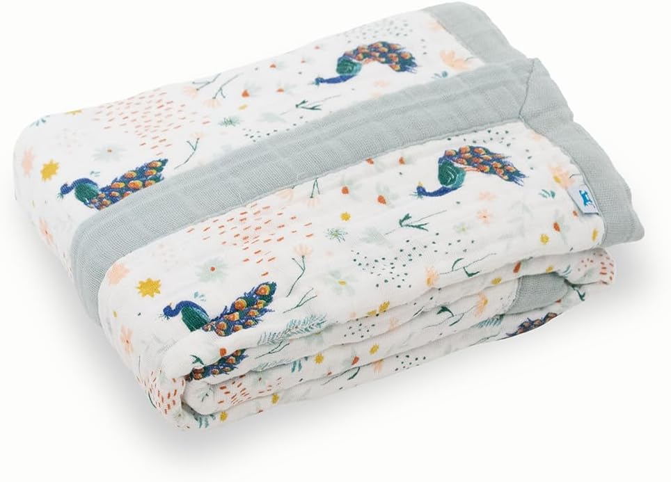 Little Unicorn Newborn Receiving Quilt | Ultra- Soft, Multi-Layered Muslin Fabric | Gift for Newborns & on-The-go (Peacock)