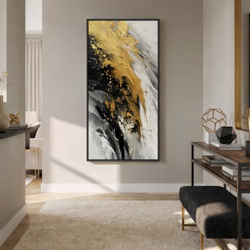 Large Framed Black White and Gold Abstract Wall Art