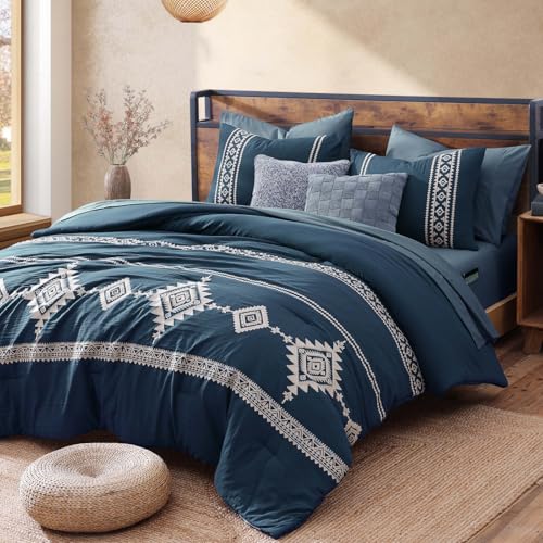Embroidery Full Size Comforter Set 7 Pieces Navy Blue Bed in a Bag (7 Piece Set)