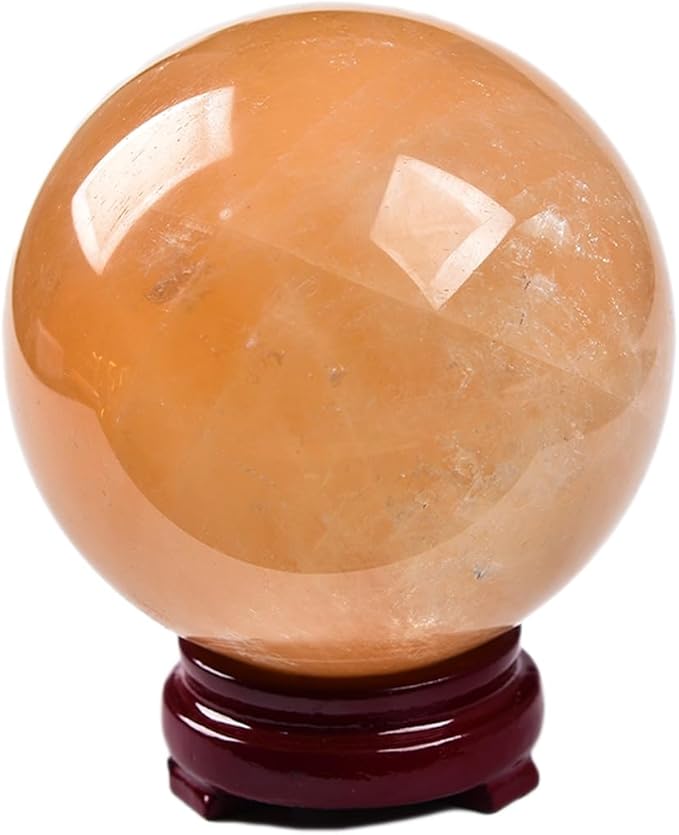 JIC Gem Healing Crystal Ball Stripe Orange Calcite Sphere Ball Decorative Ball with Wood Stand for Fengshui and Decoration (90-100mm)
