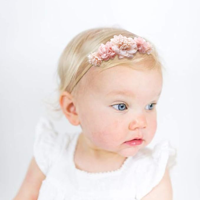 Baby Girl Nylon Headbands Flower Hair Bows Accessories-Elastic Hair Band Crown Handmade FLoral Wraps Birthday Gifts for Girls Newborn Infant Toddler 3Pcs
