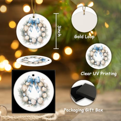 Blue Coastal Seashell Wreath Christmas Ceramic Ornament Gifts