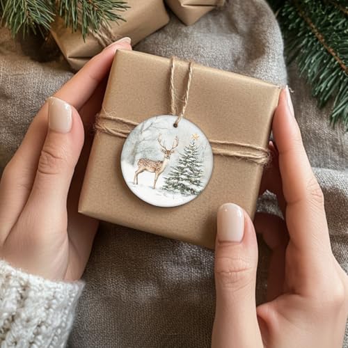 Rustic Winter Reindeer Xmas Tree Ceramic Ornament Gifts
