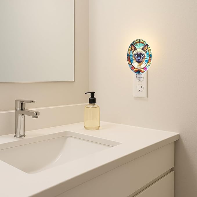 Siamese Cat Stained Glass Styled Night Light, Real Glass Plug-in Night Light