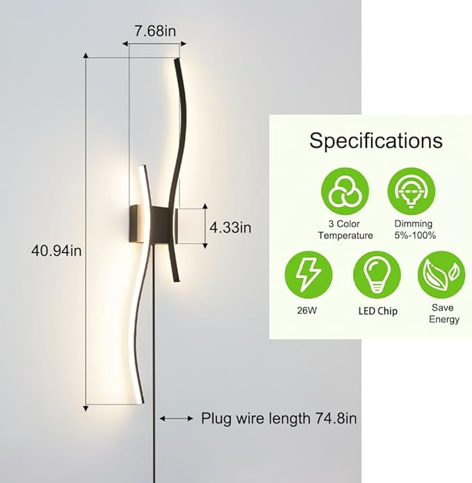 Modern Black Plug in Wall Sconces Set of 2
