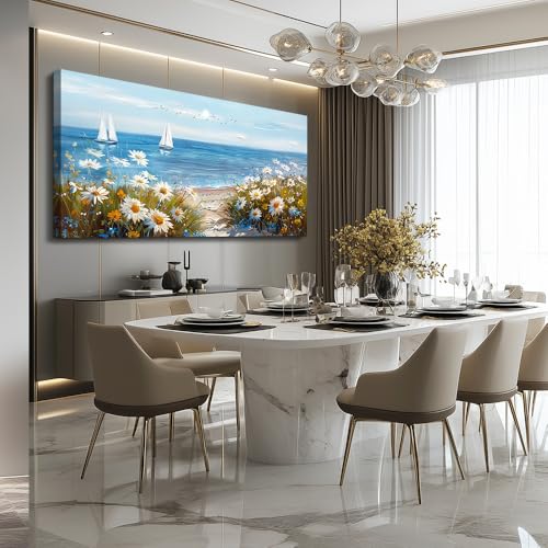 Large Blue Ocean Landscape Canvas Printing Picture Wall Art For Living Room Farmhouse Dinin Mural White Flowers Bedroom Office Wall Decor Home Decor Painting Easy To Hang 30x60 Inches