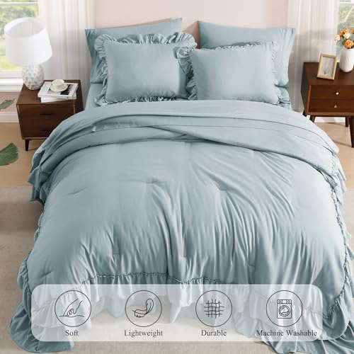 King Size Comforter Set Dusty Blue Ruffle 7 Pieces Farmhouse Bed in a Bag