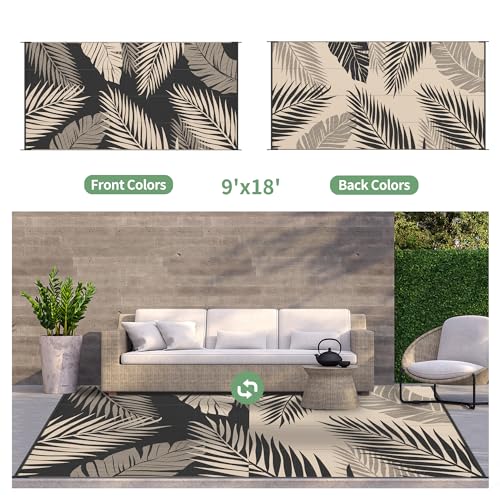 Outdoor Rug Waterproof Plastic Rugs 9'x18' for Camping Black Beige