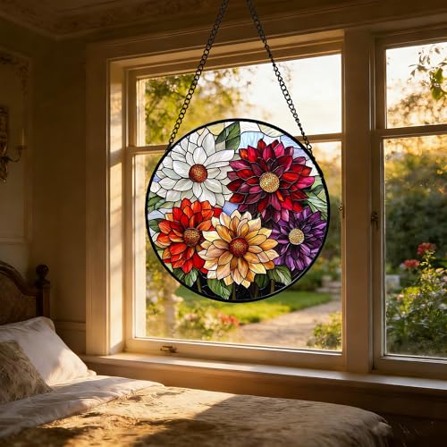 Stained Glass Window Hanging Color Dahlia Suncatcher Gifts for Women 6.3"