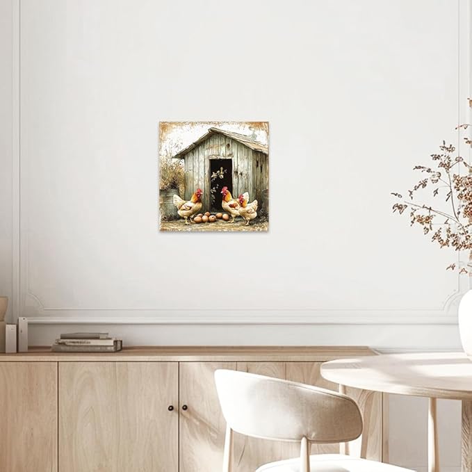 CCWORKERRY Chicken Kitchen Pictures Wall Art Rooster and Eggs Canvas Prints Farm Animals Wall Decor for Farmhouse Dining Room Decor Framed(White,24" x 24")
