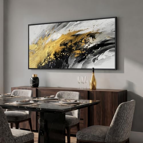 Large Framed Black White and Gold Abstract Wall Art