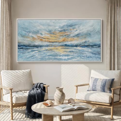 Extra Large Framed Blue Coastal Abstract Wall Art for Living Room