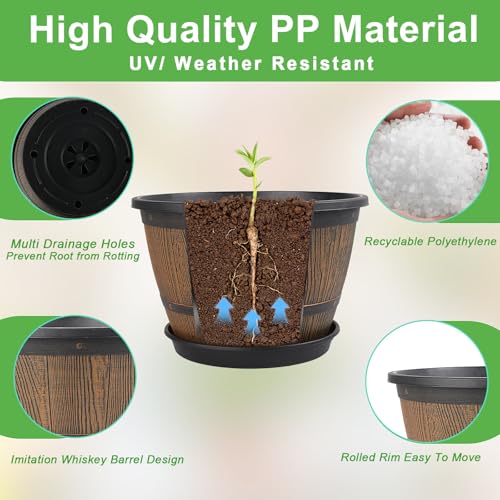 8-inch-Plant-Pots-Indoor-Outdoor, 4 Pack Whiskey Barrel Planters with Drainage Holes & Saucer, Plastic Flower Pots Imitation Wine Barrel Design, Decorative Garden Pots for Plants (4 Count)