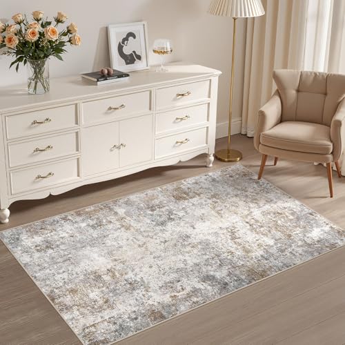 3x5 Entryway Area Rug Washable Neutral Brown Grey Small Carpet