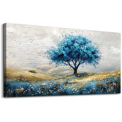 Large Canvas Wall Art For Living Room Wall Decoration For Bedroom Blue Tree Landscape Painting Office Farmhouse Printing Wall Pictures Artwork Restaurant Home Decor Ready To Hang 20x40 In