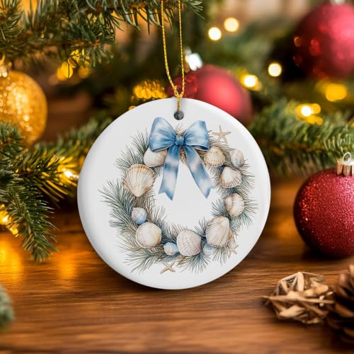 Blue Coastal Seashell Wreath Christmas Ceramic Ornament Gifts