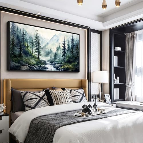 Black Framed Canvas Wall Art For Living Room Large Wall Decor For Office Bedroom Decoration Misty Forest Picture Tree landscape Paintings Artwork Wall Mural Aesthetic Home Decor 30x60 In