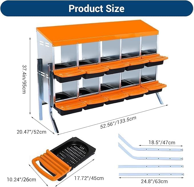 Chicken Nesting Box，10-Hole Nesting Boxes for Chicken Coop with Removable Plastic Egg Tray & Ventilation Holes, Wall Mount/Freestanding Poultry Laying Boxes for Hens, Ducks & Coops