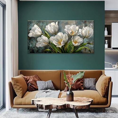 Large Canvas Wall Art Decor White Tulip Flower Canvas Art Wall Decor For Living Room Modern Floral Botanical Wall Art Prints Elegant Nature Flower Wall Art For Bedroom Home Office Wall Decor 24"×48"